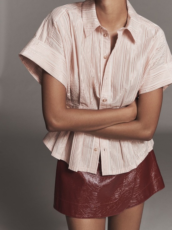 Pilcro Tops - NWT Pilcro Metallic Stripe Blush Pink Button-Front Short Sleeve Blouse Sz XL